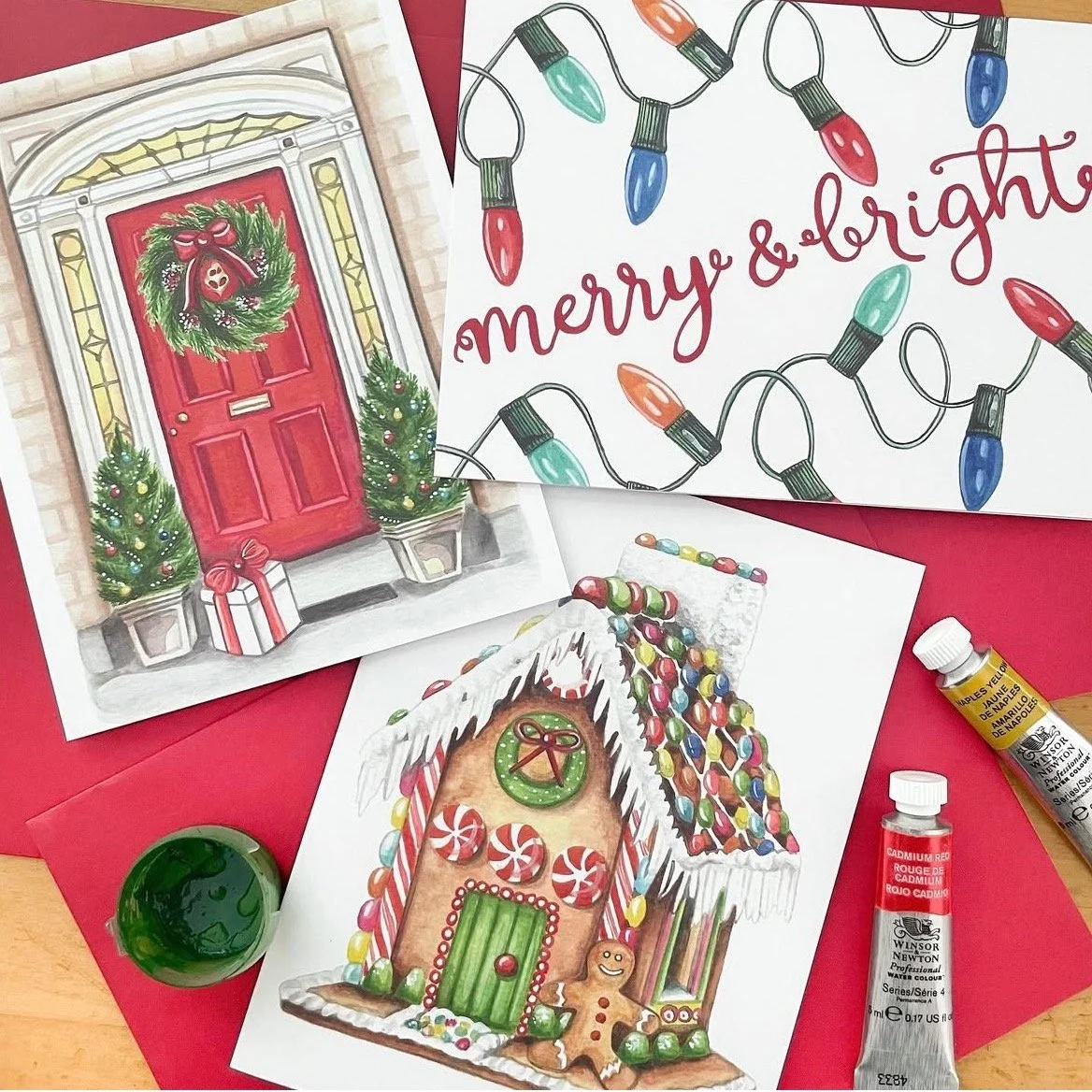 There is still time to grab some of my holiday greeting cards! Send a sweet gingerbread house, a cheerful red front door decked out in holiday decor, or choose from any of my other merry designs! Link in profile 🎄✉️