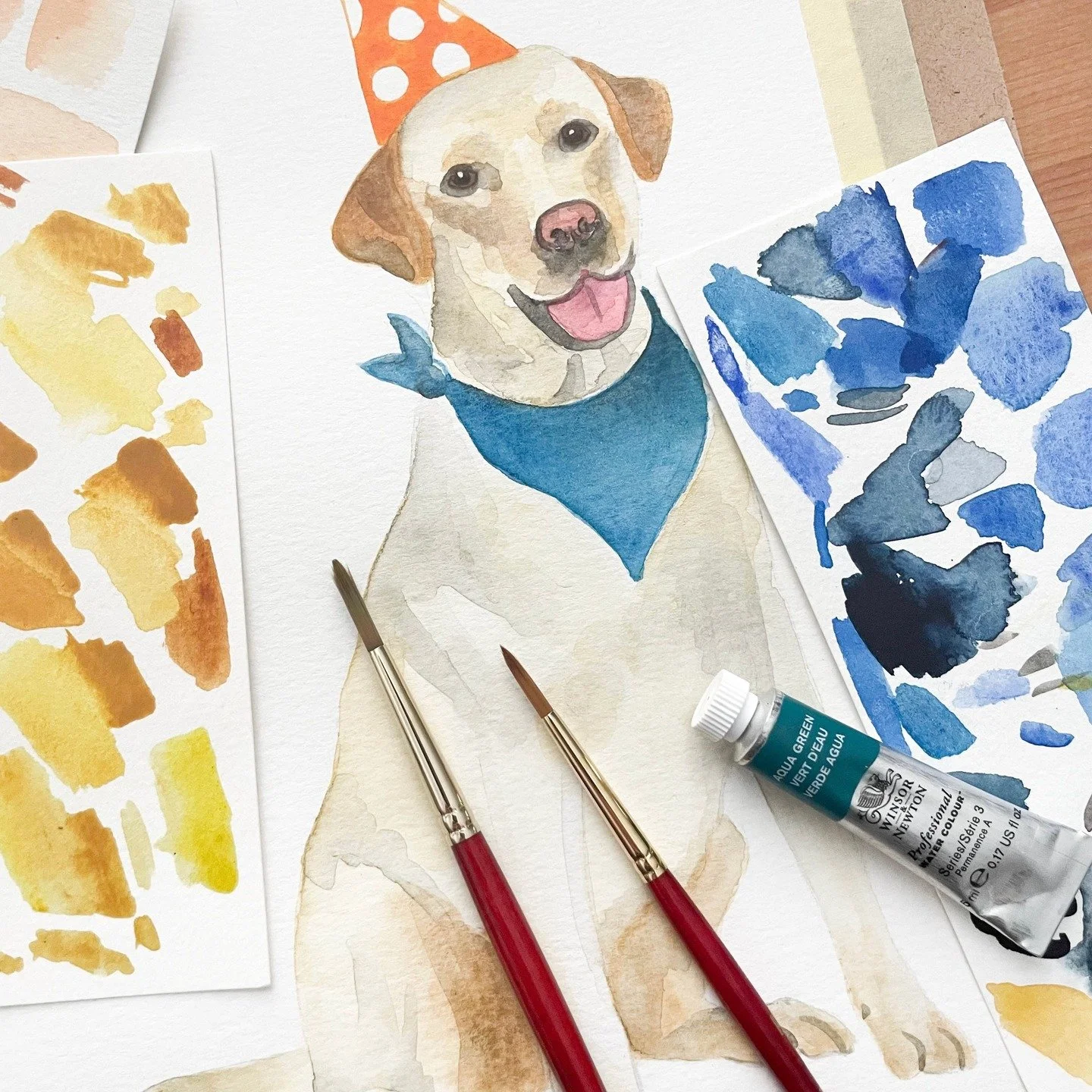 This cute watercolor pup is underway and ready for a party! 🥳🐕