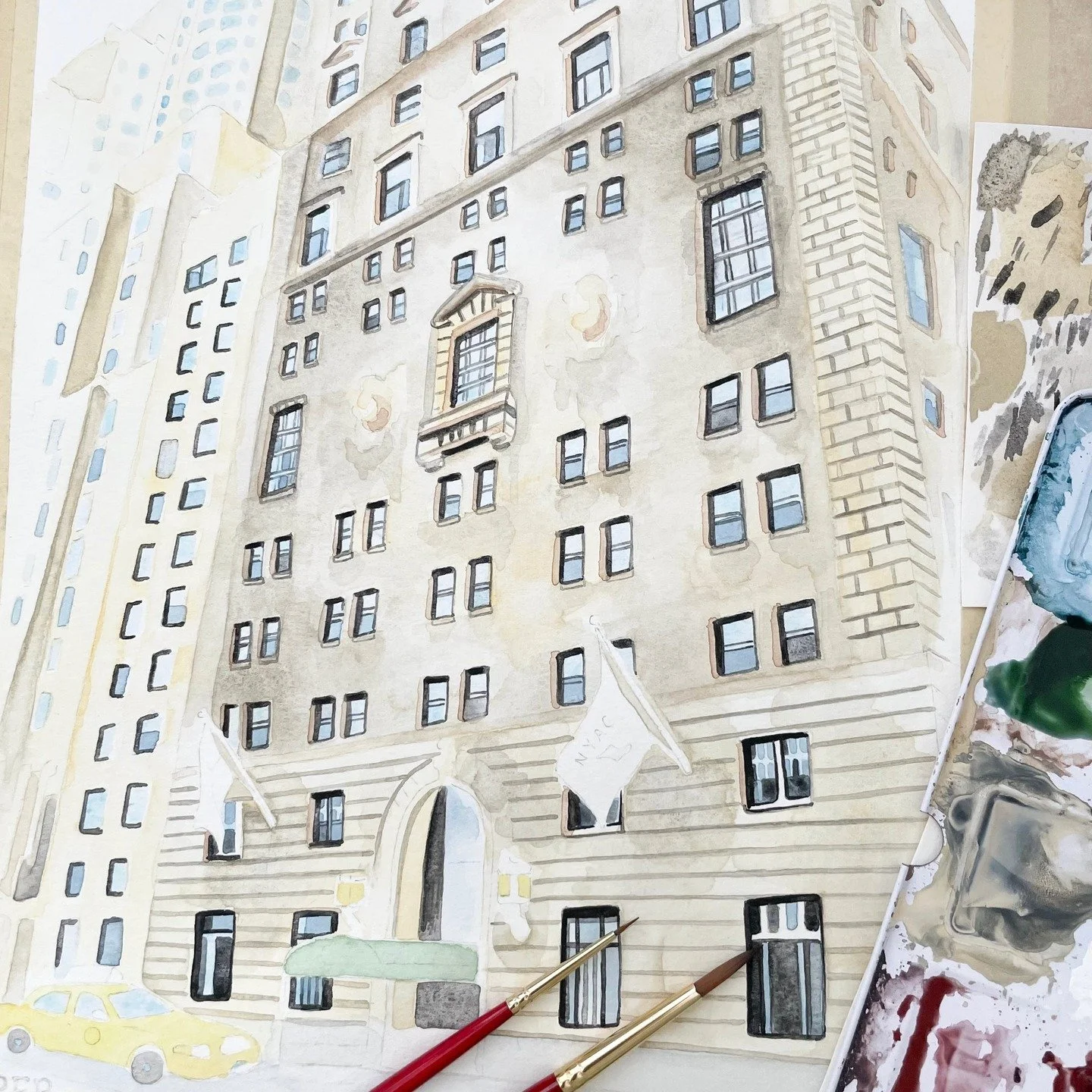 The first layers to this recent custom architectural watercolor of NYC&rsquo;s New York Athletic Club! 🏙️🗽