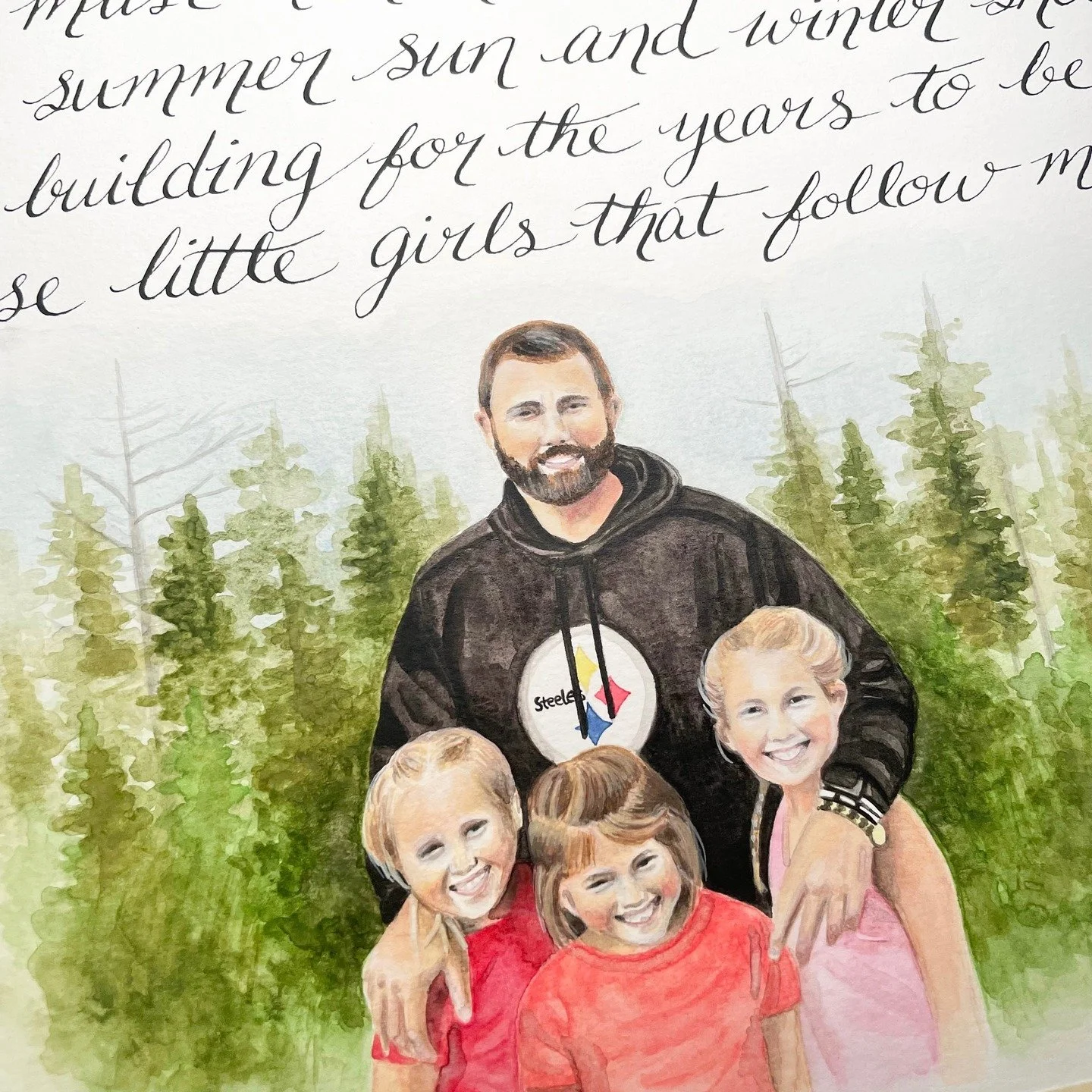 This custom family watercolor portrait with a calligraphed quote made for a one-of-a-kind gift! Portraits get very detailed, and have many layers to develop skin tones and facial expressions. This image was taken right before I went in with the final