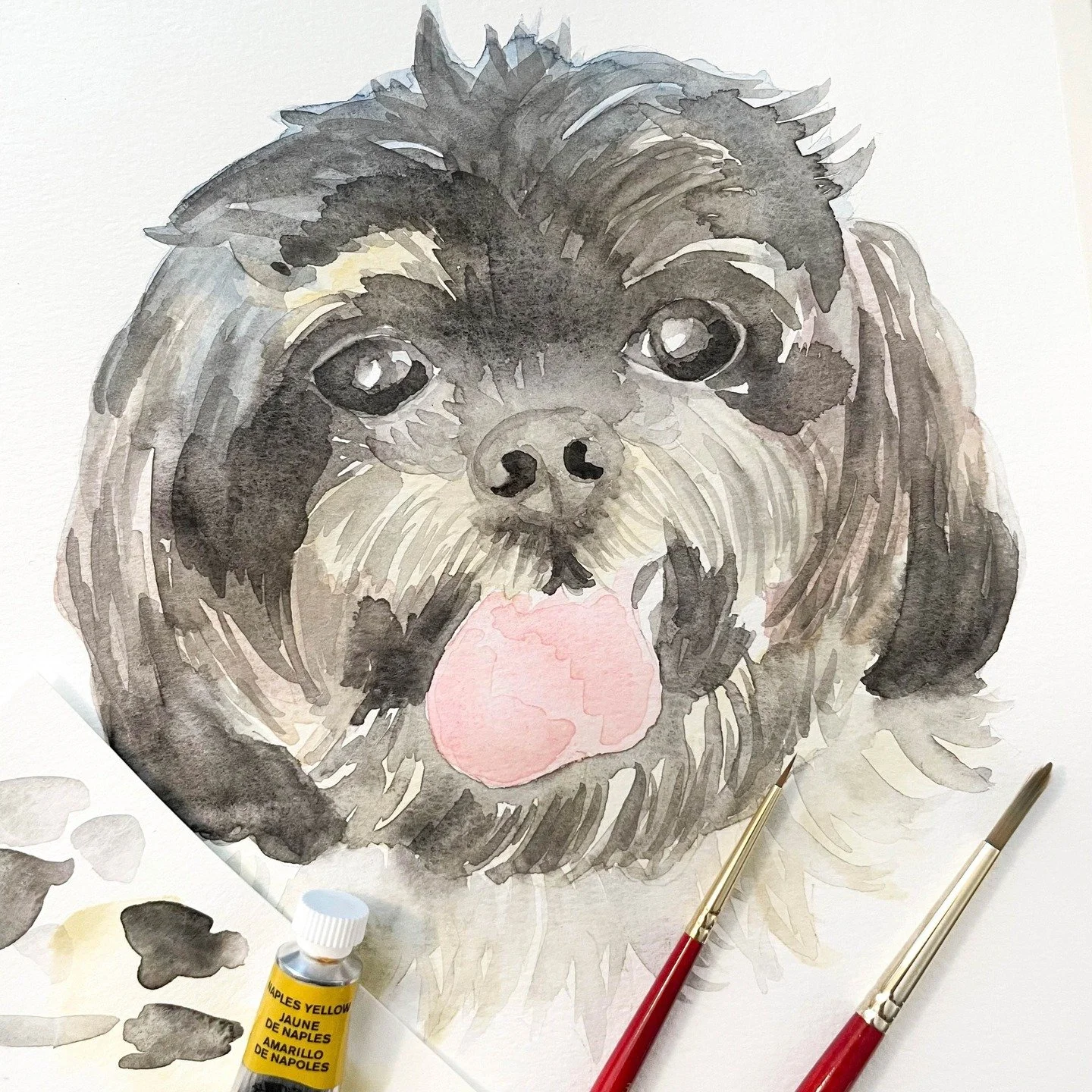 Layers of steel grey, indigo, mauve, and coral build the foundation for a custom dog watercolor 🐕🎨