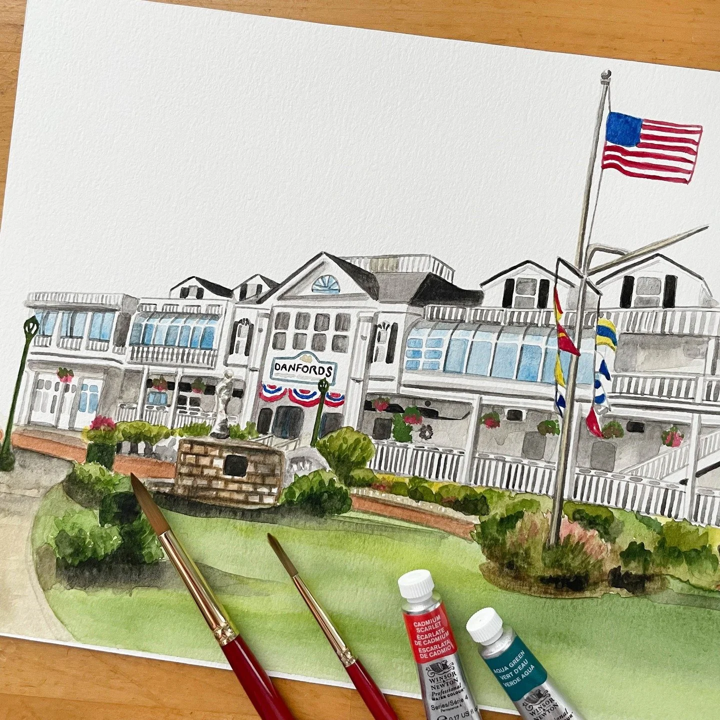 A previous project of a watercolor wedding venue that I loved creating! Small painted details of glassy windows and deck railing really popped against the verdant green lawn of the @danfordshotelandmarina on Long Island! 🚢⚓️