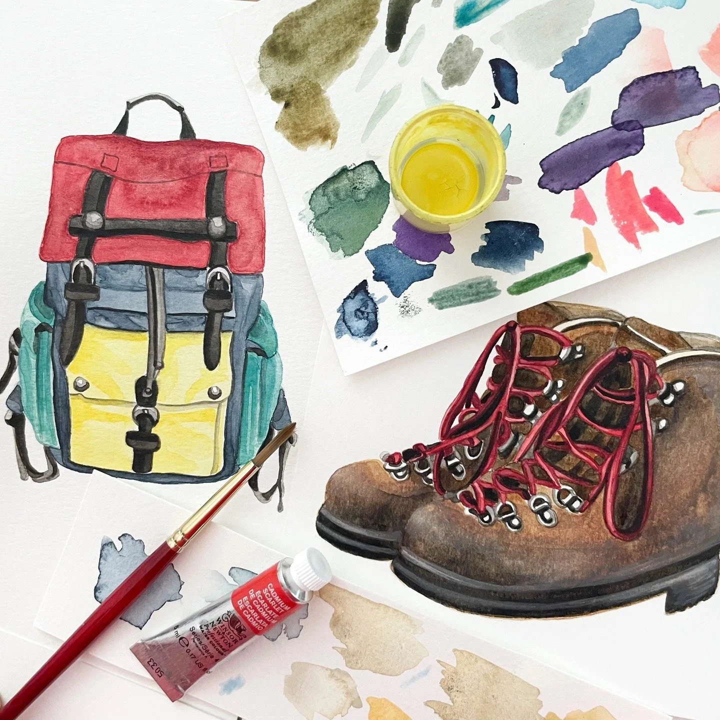 A color block backpack and red-laced hiking boots make for some fun summer camping watercolor motifs 🏕️🥾🎒