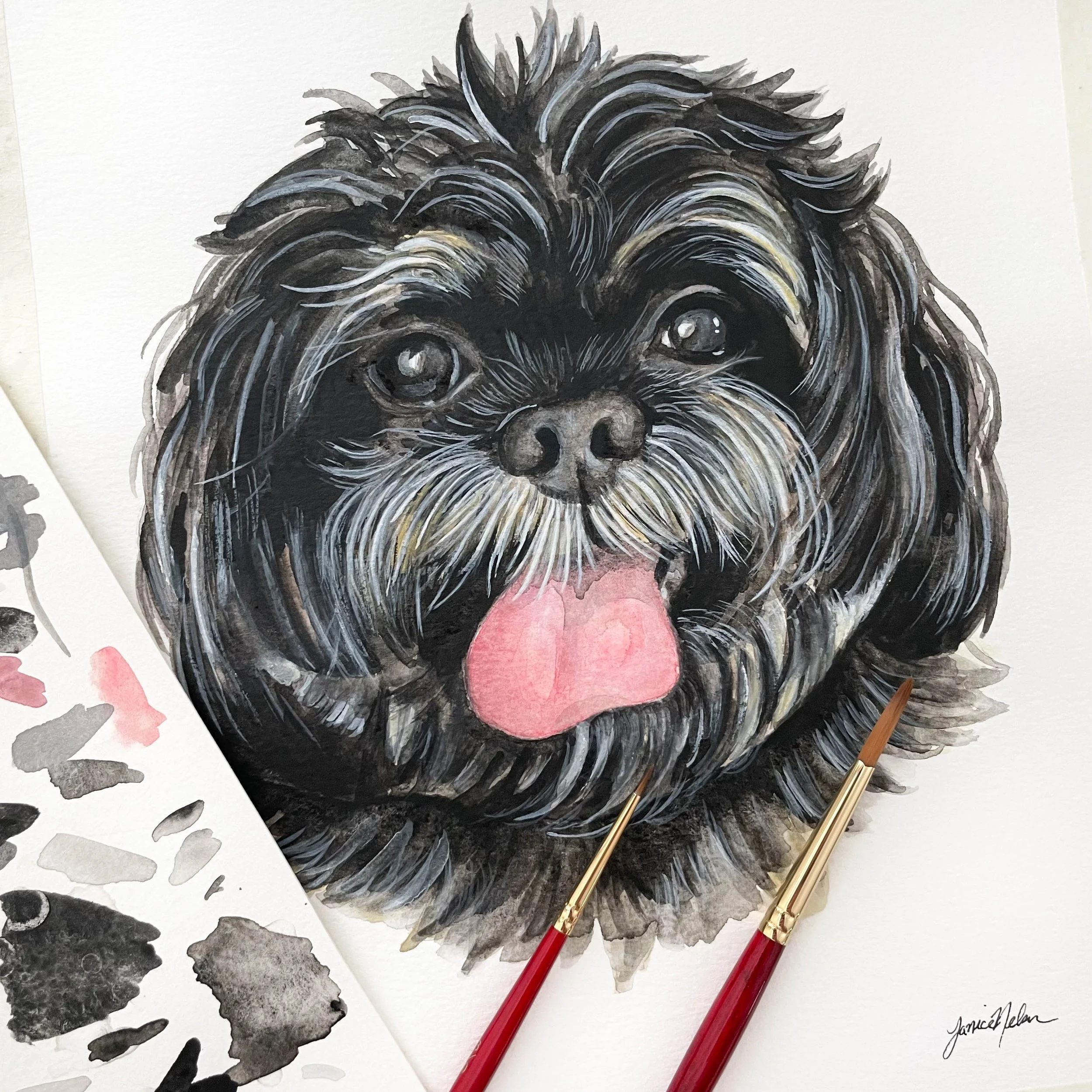 A custom watercolor dog portrait of an adorable pup named Huey! Lots of fine white highlights layered on top of black and tan really made him come to life 🐾