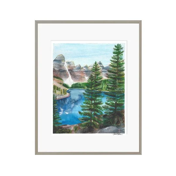 Janice Nelson 8x10 Watercolor Evergreen Trees Print Mountain Lake Forest Landscape with Pine Trees Painting