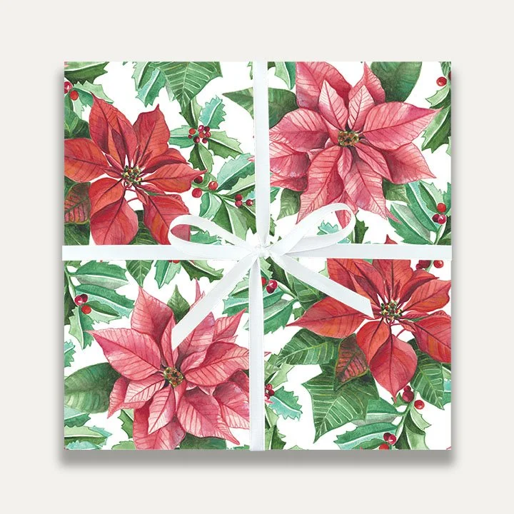 Janice Nelson Red and Pink Poinsettia Christmas Gift Wrap Holiday Wrapping Paper