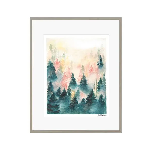 Janice Nelson 8x10 Watercolor Evergreen Trees Print Foggy Forest Landscape Pink Pine Trees Painting