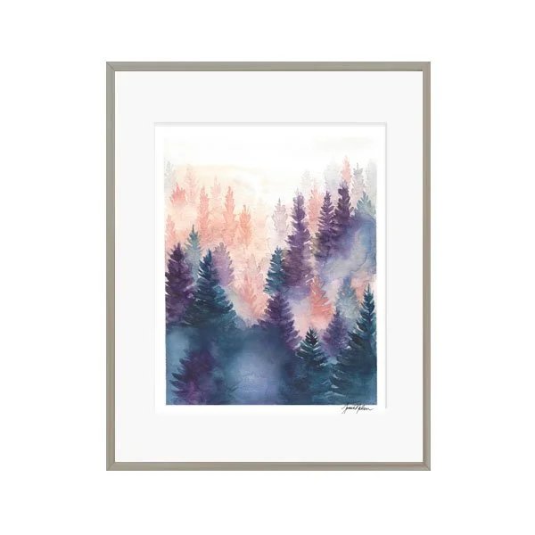Janice Nelson 8x10 Watercolor Evergreen Trees Print Foggy Forest Landscape Pink and Purple Pine Trees Painting