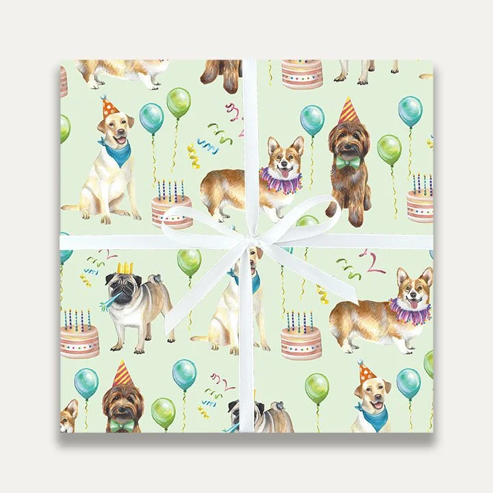 Janice Nelson Designs Birthday Dogs Gift Wrap Watercolor Wrapping Paper Cute Birthday Dogs