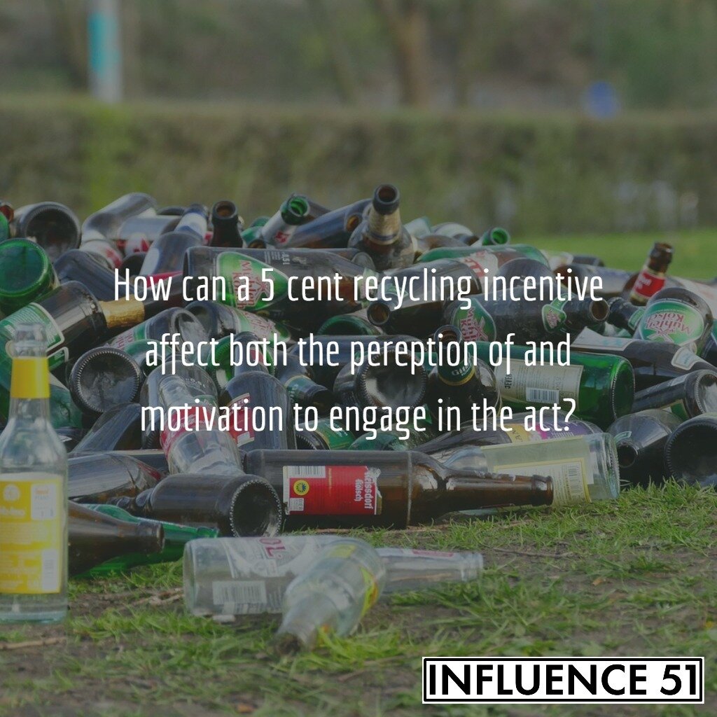 Many states offer small rewards (usually around five cents) for recycling cans and bottles. Presumably, such a reward was instituted as a means of trying to increase recycling behavior. But suppose for a moment that we go back to a time before the fi
