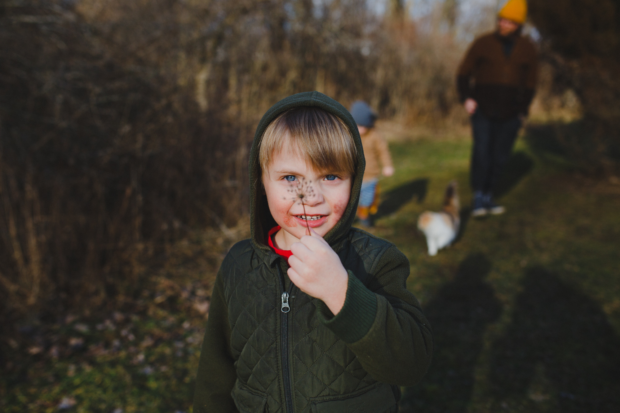 Boy with dandelion over his face.