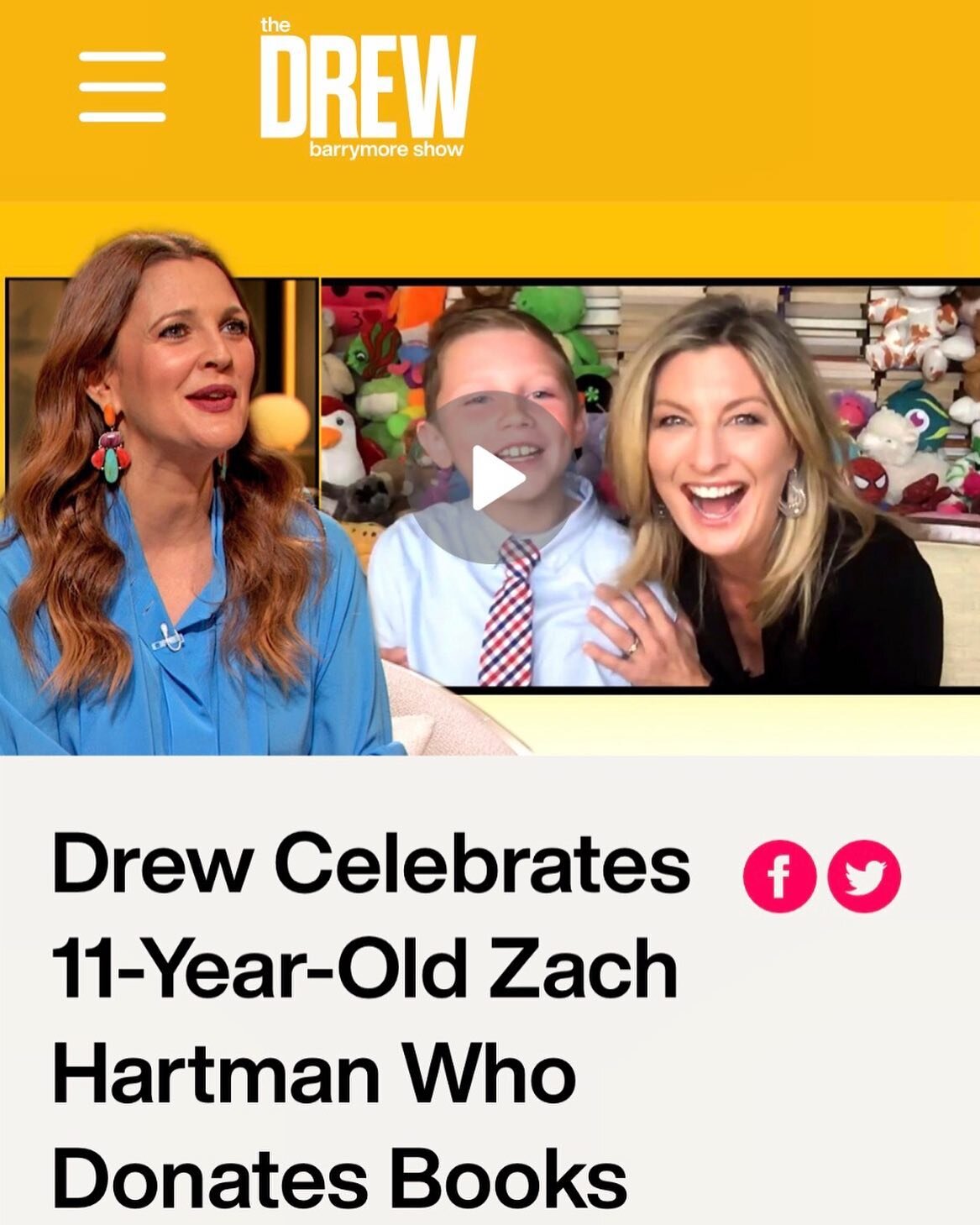 &quot;You can make a difference at any age.&quot;

Drew Barrymore talks with 2020 Eco-Hero Award Winner Zach Hartman, who gathers books and toys for children in need and has helped donate 68,000 items so far, and surprises him with a $5,000 for his c