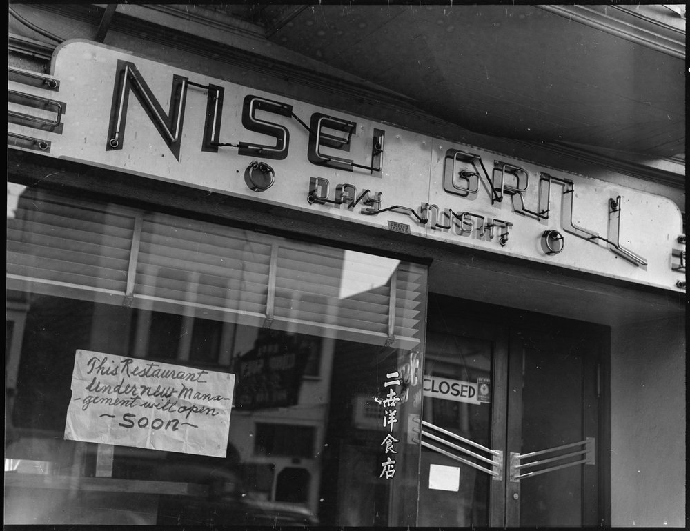  San Francisco, California. This restaurant, named "Nisei" after second- generation children born in this country to Japanese immigrants was closed prior to evacuation of residents of Japanese ancestry; and, according to sign in the window, was sched