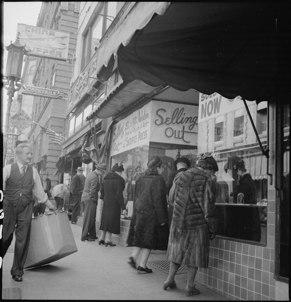  San Francisco, California. A close-out sale- prior to evacuation- at store operated by proprietor of Japanese ancestry on Grant Avenue in Chinatown. The evacuees of Japanese descent will be housed in War Relocation Authority centers for the duration