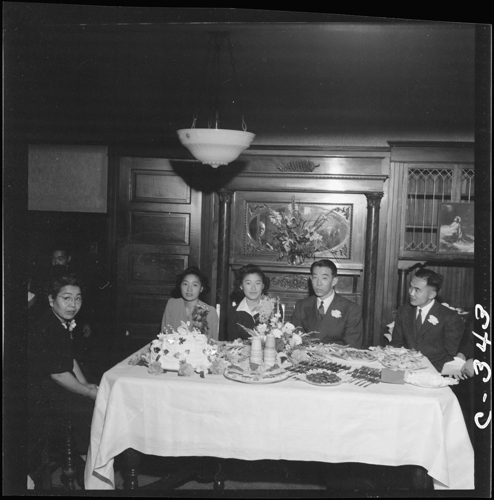  Berkeley, California (2903 Harper Street). George and Michiko Uchido with their bridal party prior to evacuation to Tanforan Center. 