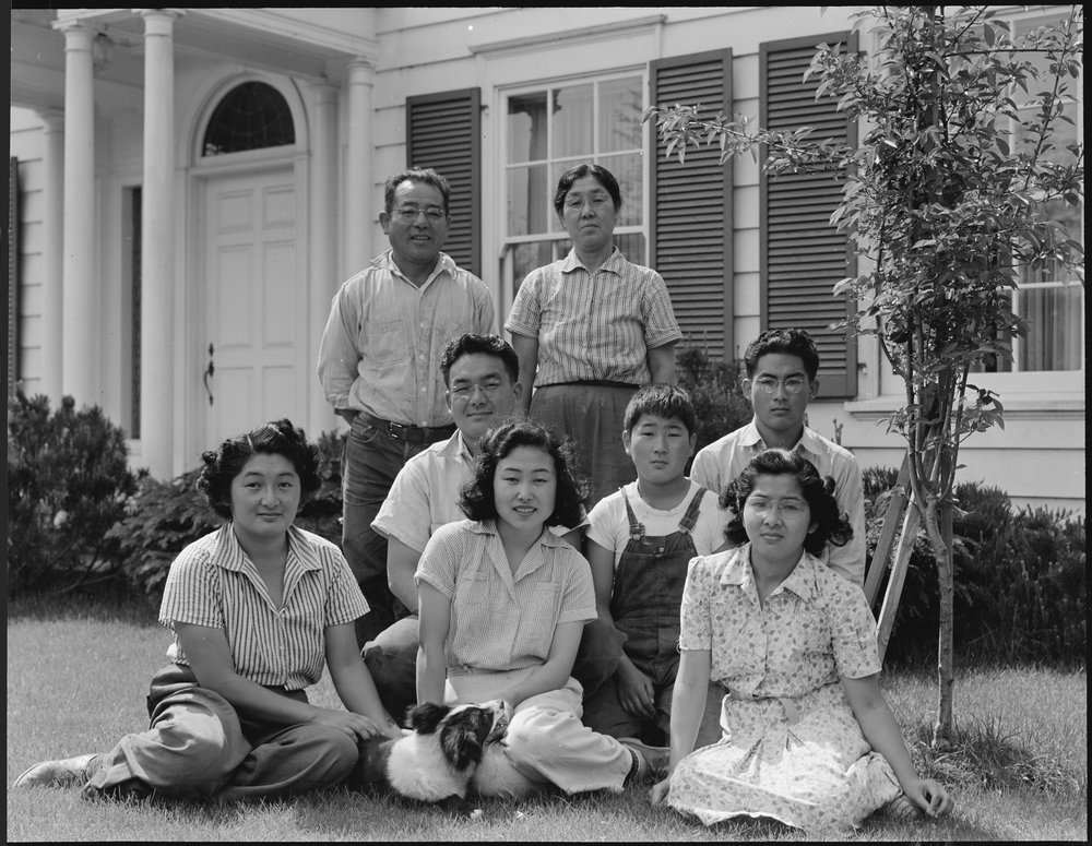  Mountain View, California. Members of the Shibuya family are pictured at their home before evacuation. The father and the mother were born in Japan and came to this country in 1904. At that time the father had 0 in cash and a basket of clothes. He l