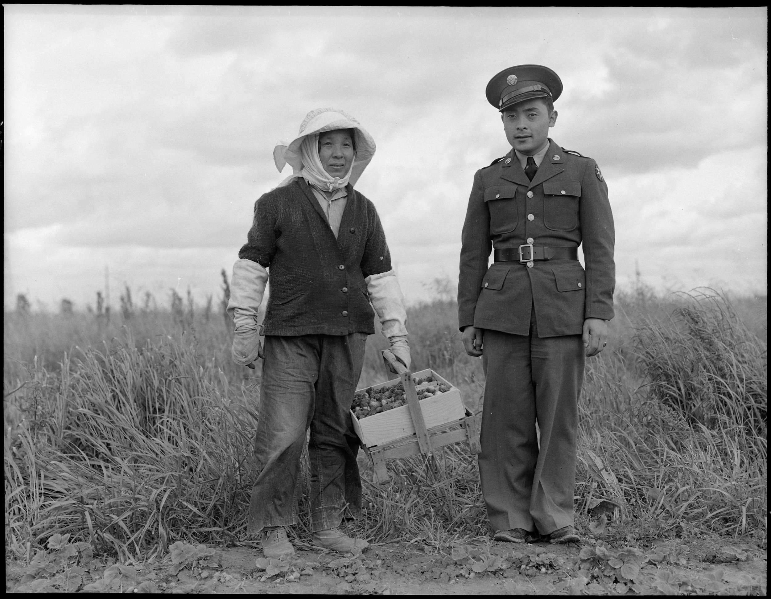  Florin, Sacramento County, California. A soldier and his mother in a strawberry field. The soldier, age 23, volunteered July 10, 1941, and is stationed at Camp Leonard Wood, Missouri. He was furloughed to help his mother and family prepare for their