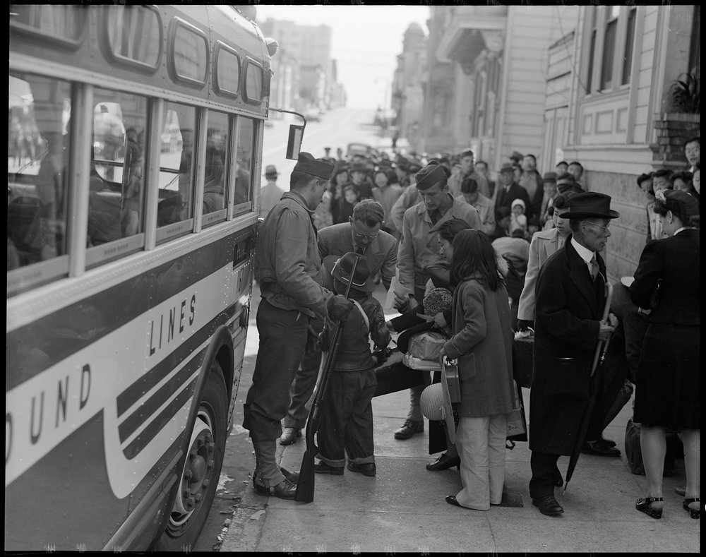  San Francisco, California. The Japanese quarter of San Francisco on the first day of evacuation from this area. About 660 merchants, shop-keepers, tradespeople, professional people left their homes on this morning for the Civil Control Station, from