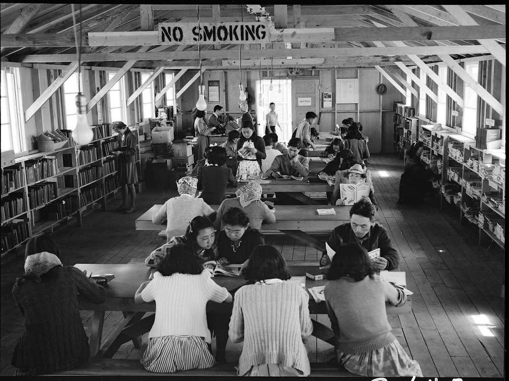  San Bruno, California. A barrack building at this assembly center has been reserved for the library which has just been established with a trained librarian of Japanese ancestry in charge. All books and magazines have been donated and the shelves we