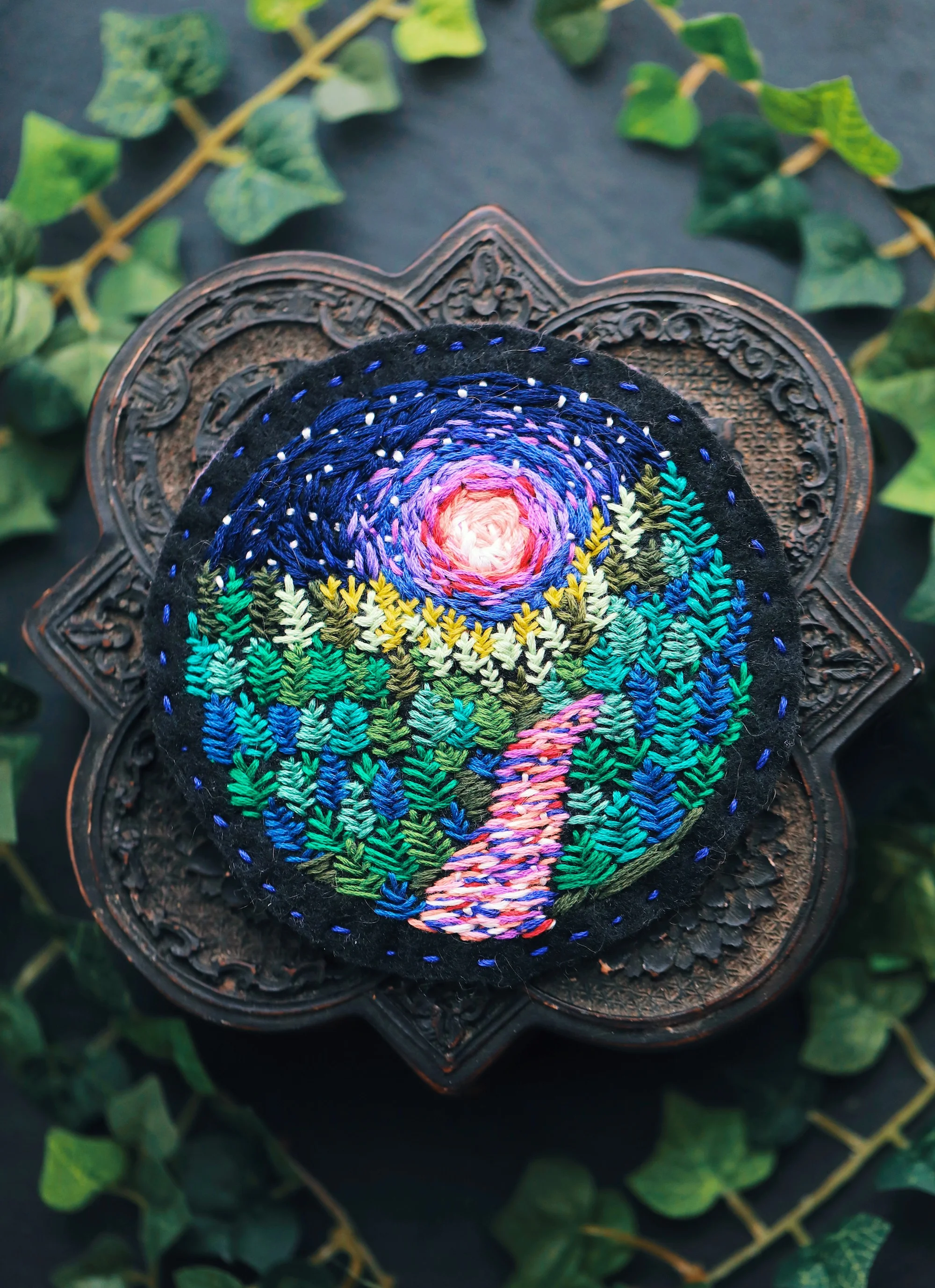 Inspired by an original design by embroidery artist, Vera Shimunia . 4”