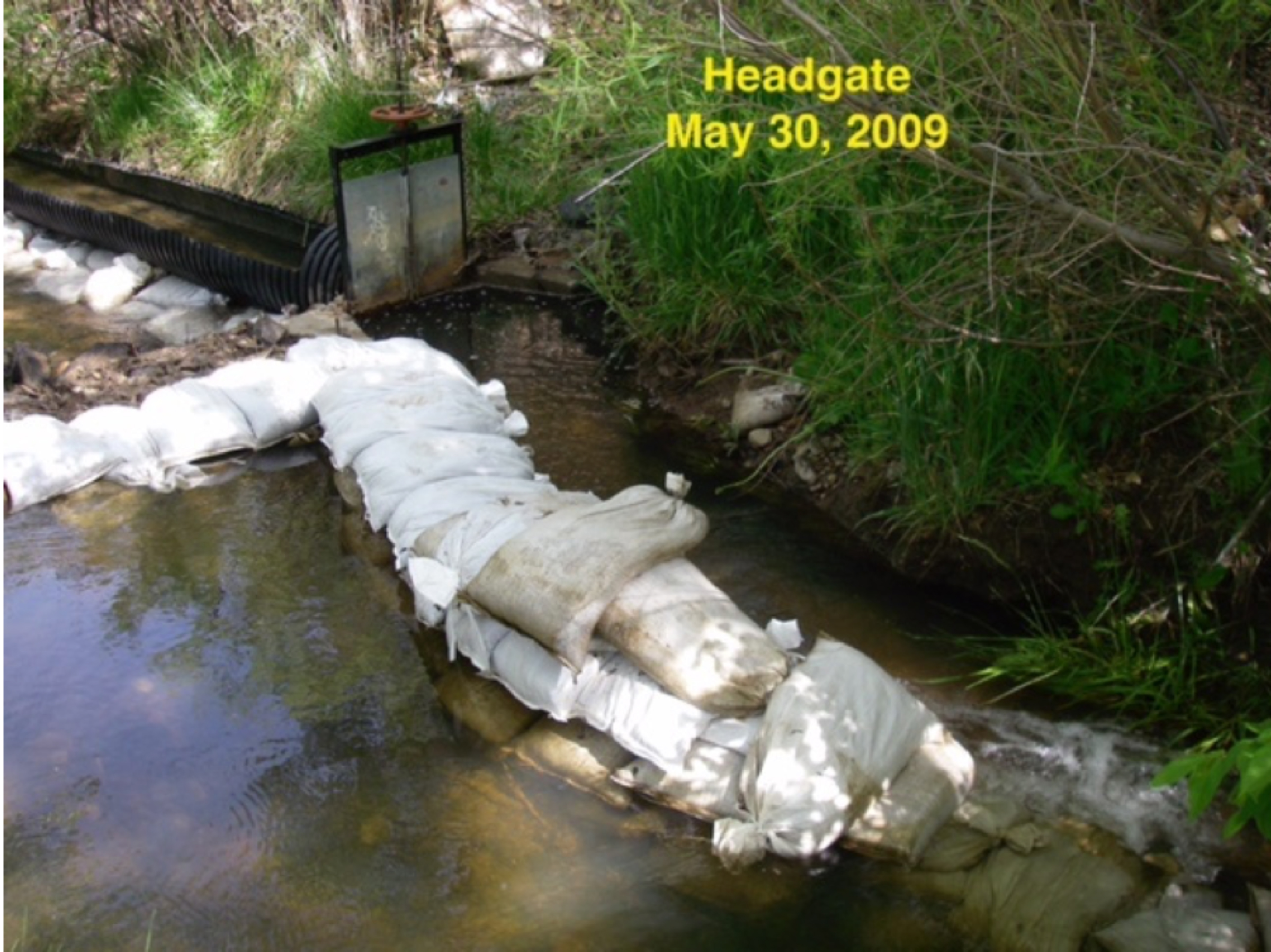  The diversion structure for the Acequia de la Muralla, showing the Santa Fe River in the front left, the sandbag wall, the headgate, and the opened culvert that is the beginning of the ditch. photo by B.C. Rimbeaux 