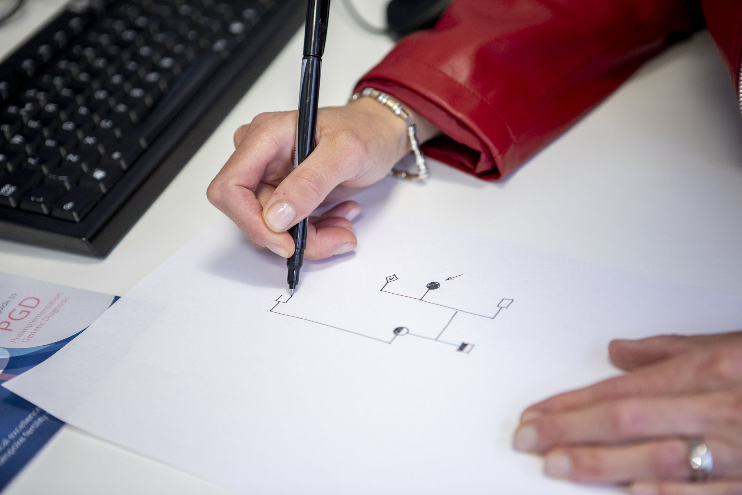 Sara draws a pedigree diagram, an exercise that she sometimes does with patients to demonstrate how genetic inheritance works in a family.