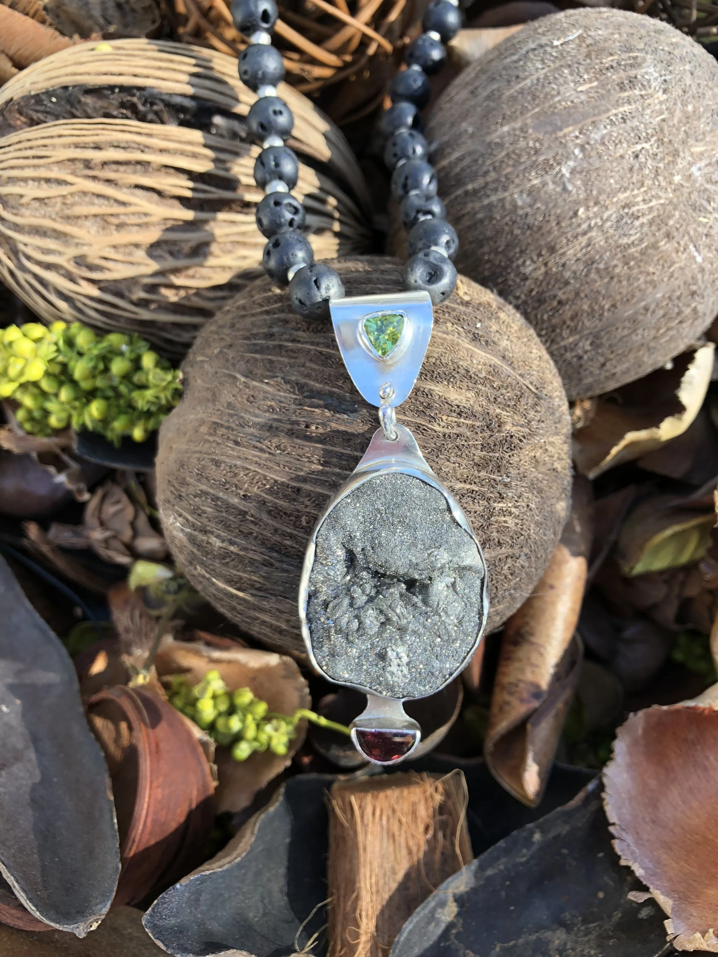 titanium coated druzy, peridot, pink tourmaline necklace