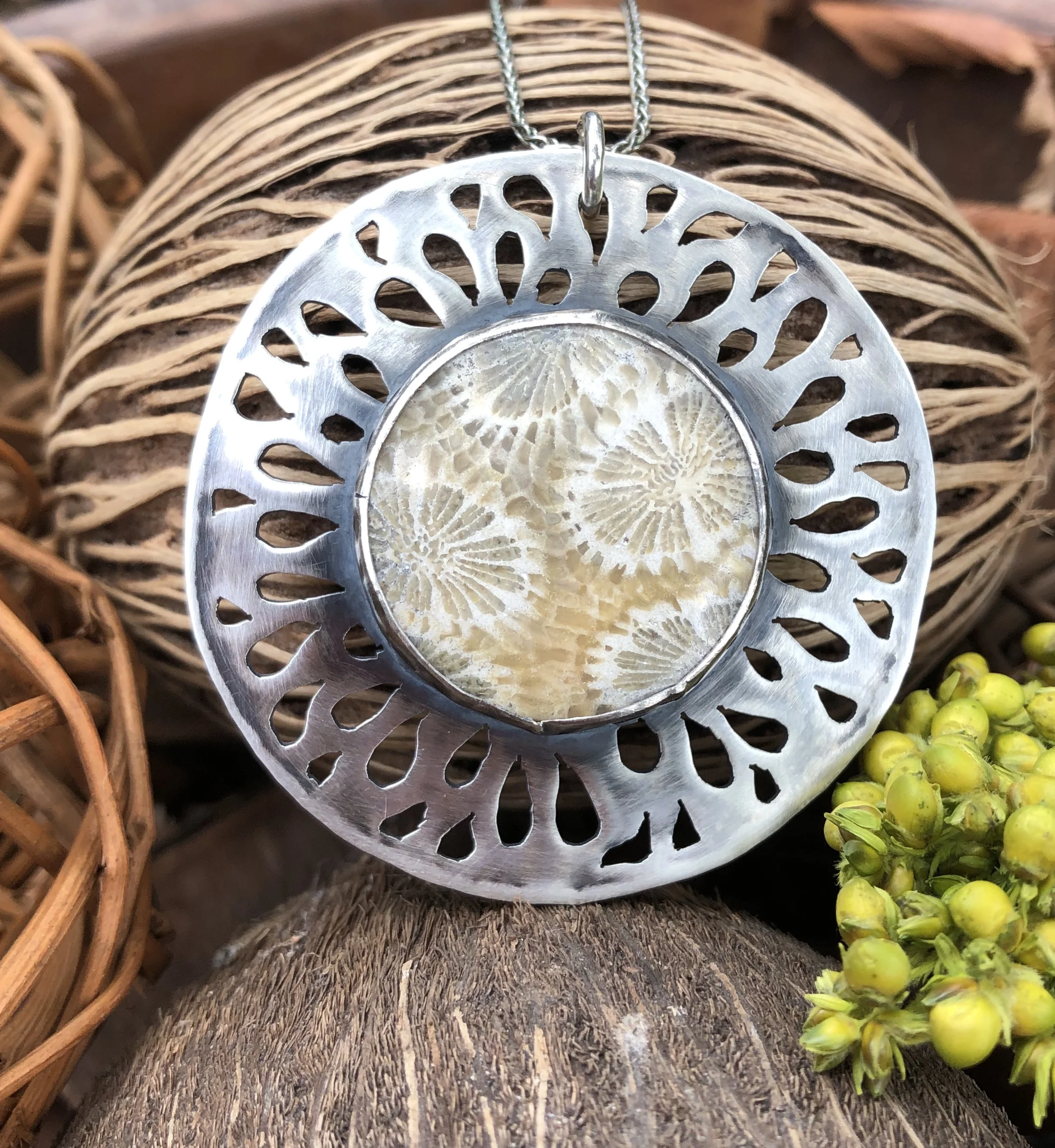 fossilized coral cutout necklace
