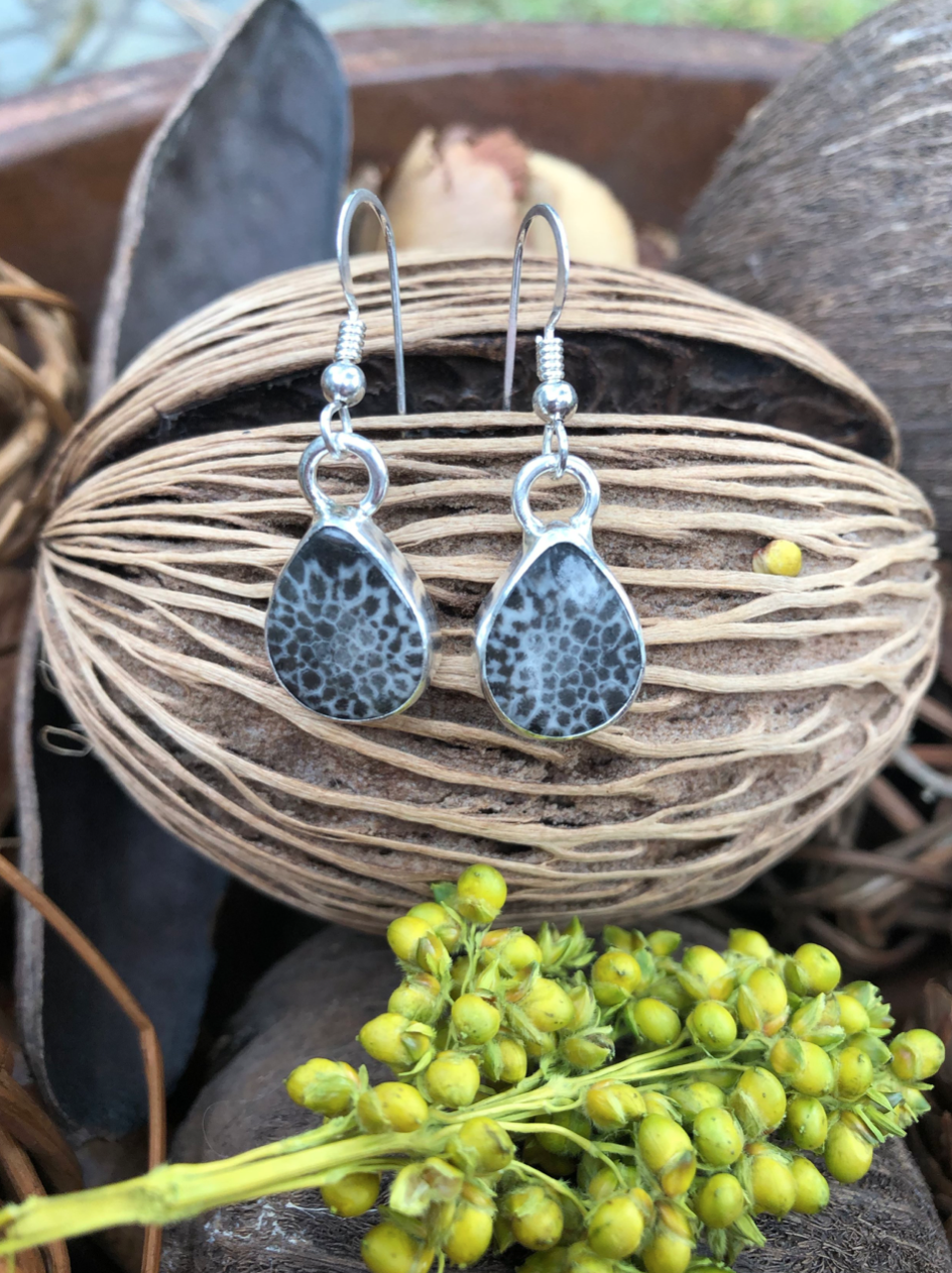 fossilized coral drop earrings