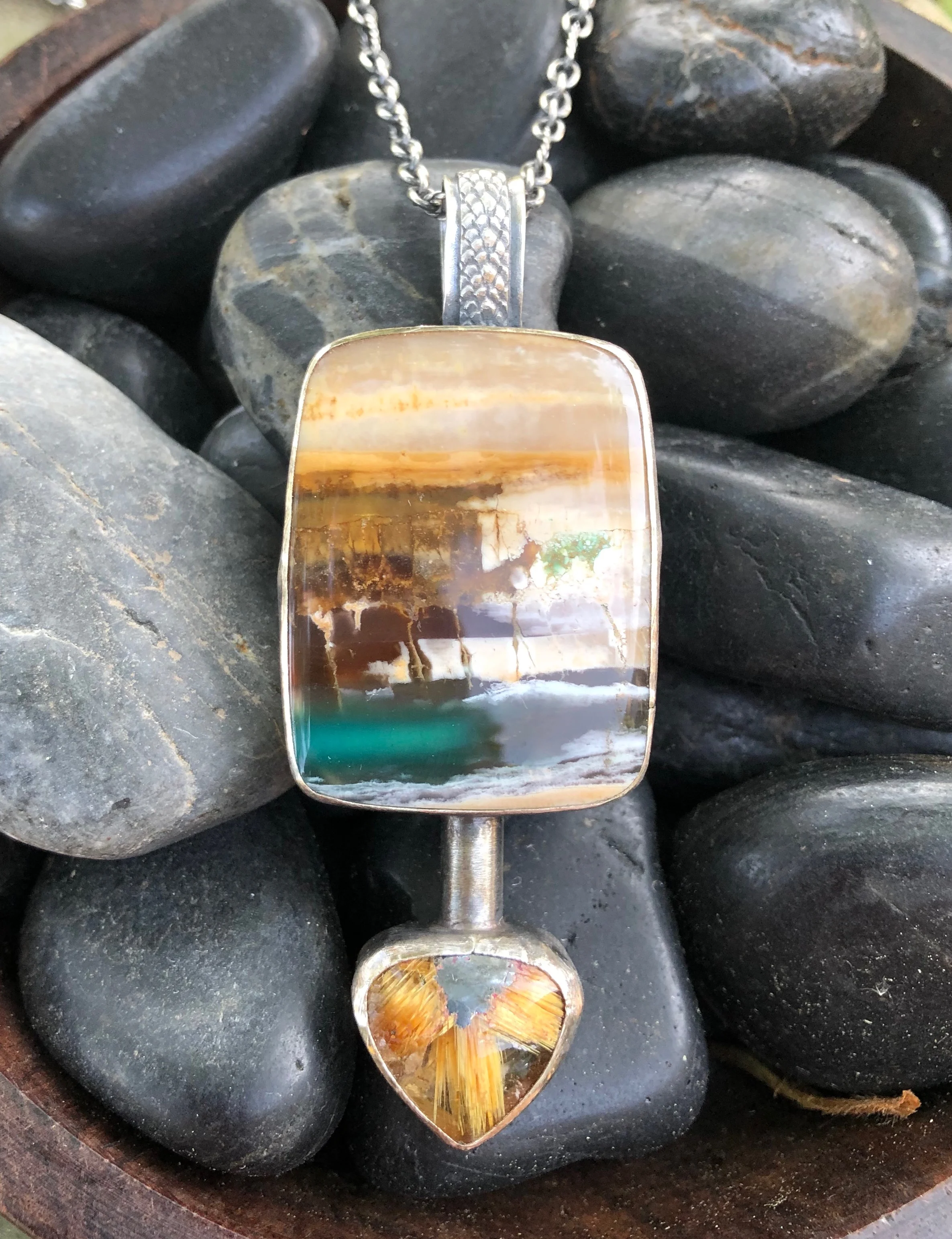 Blue opal wood and rutilated quartz necklace