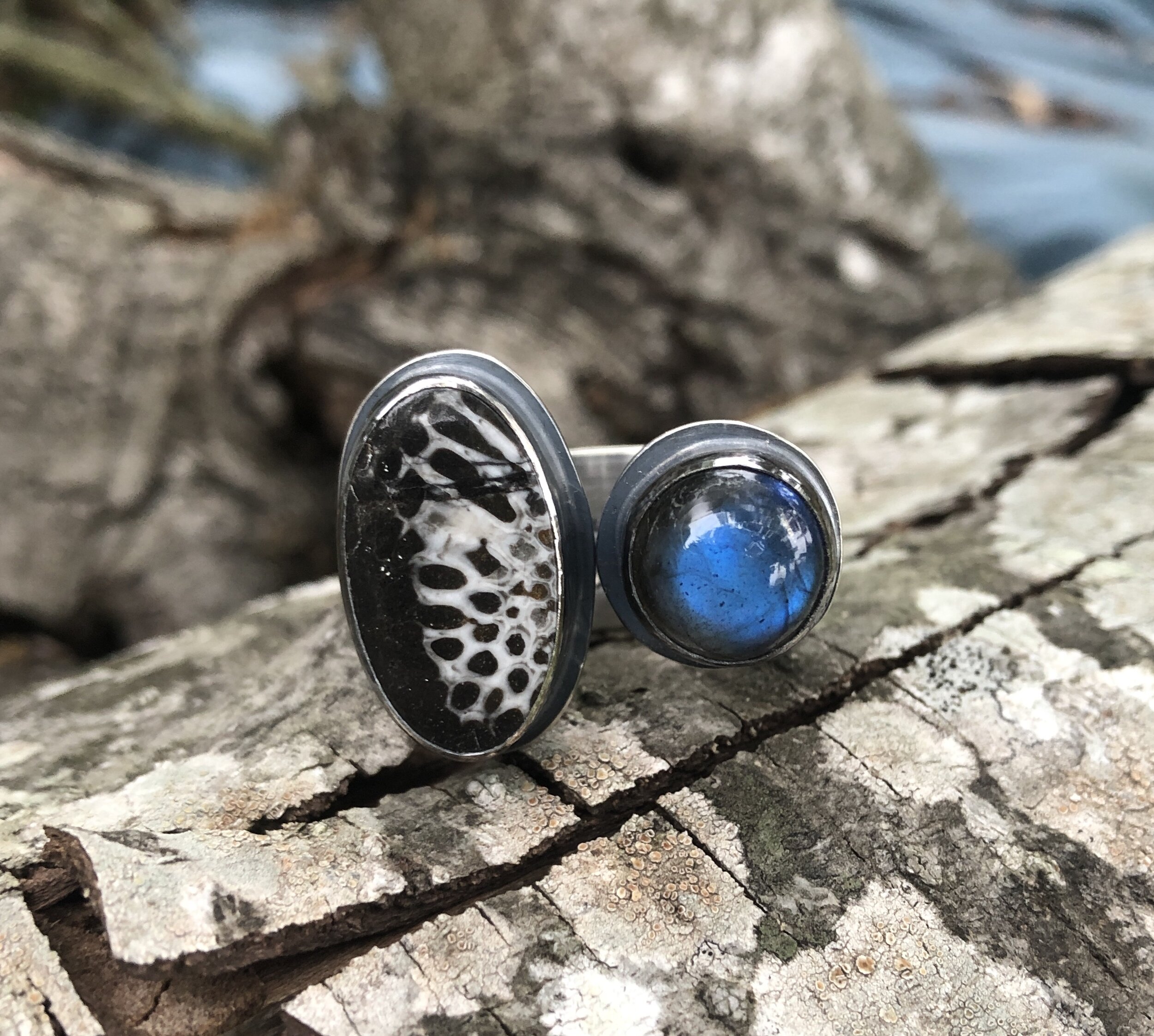 Fossilized coral and labradorite ring