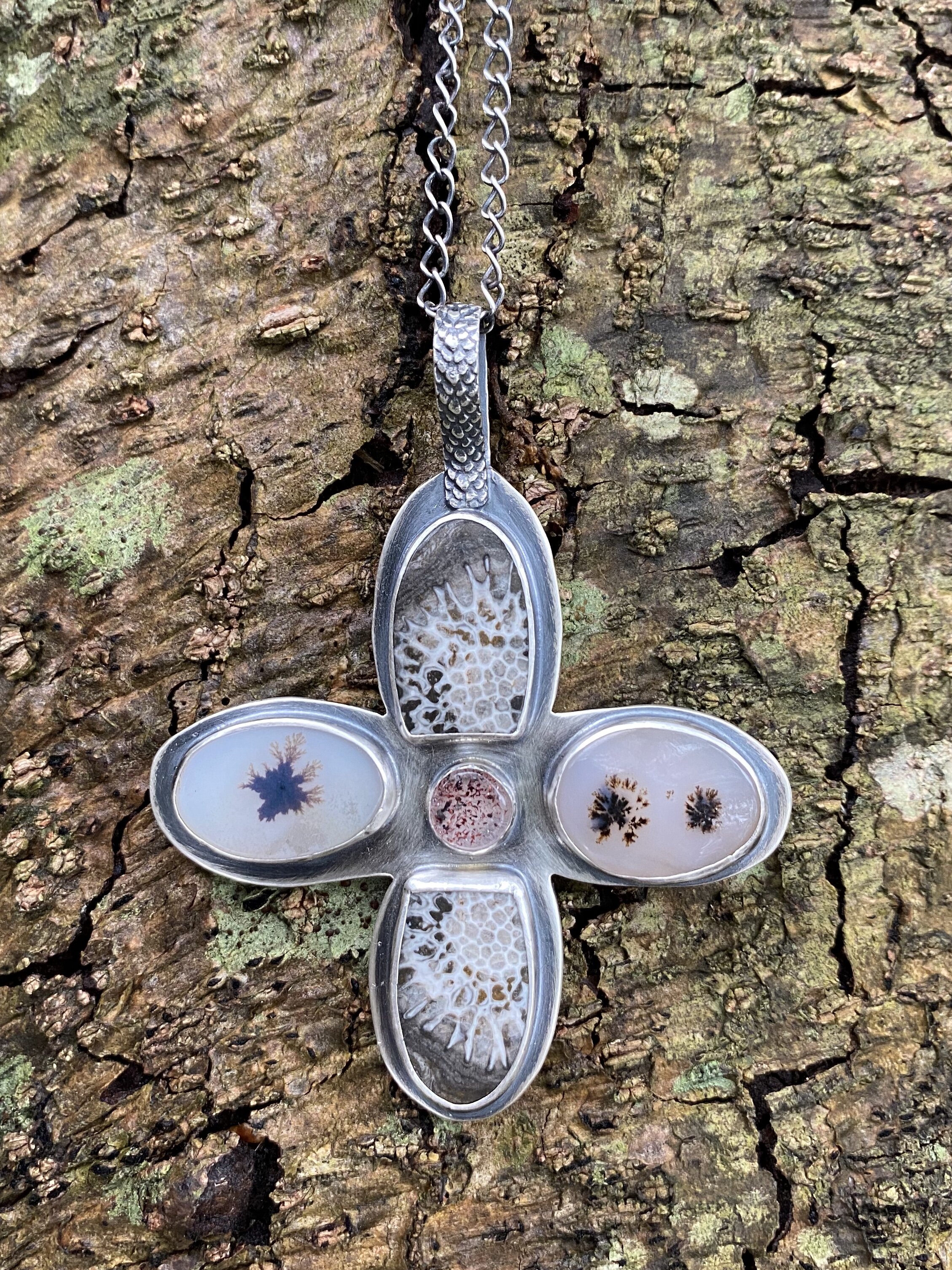 Fossilized coral, dendritic agate and lepidocrocite necklace