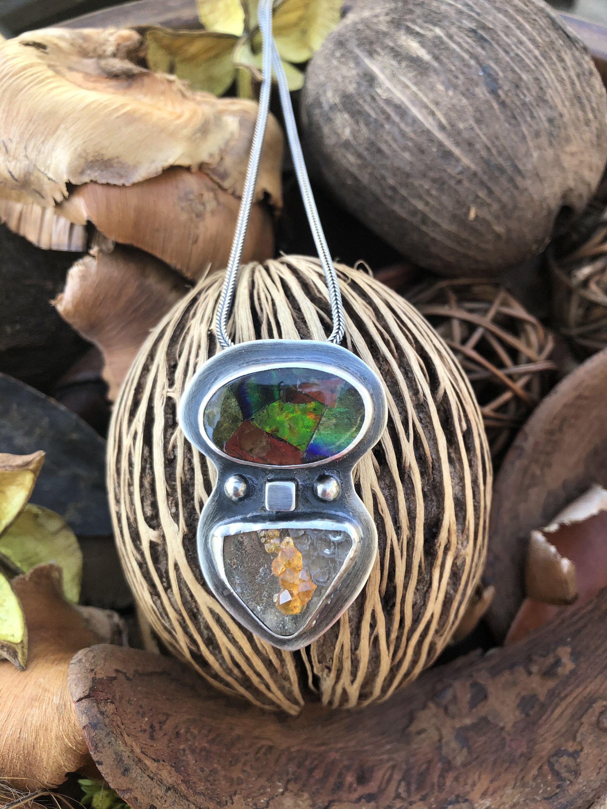 Mosaic ammonite and spessartine garnet in quartz necklace