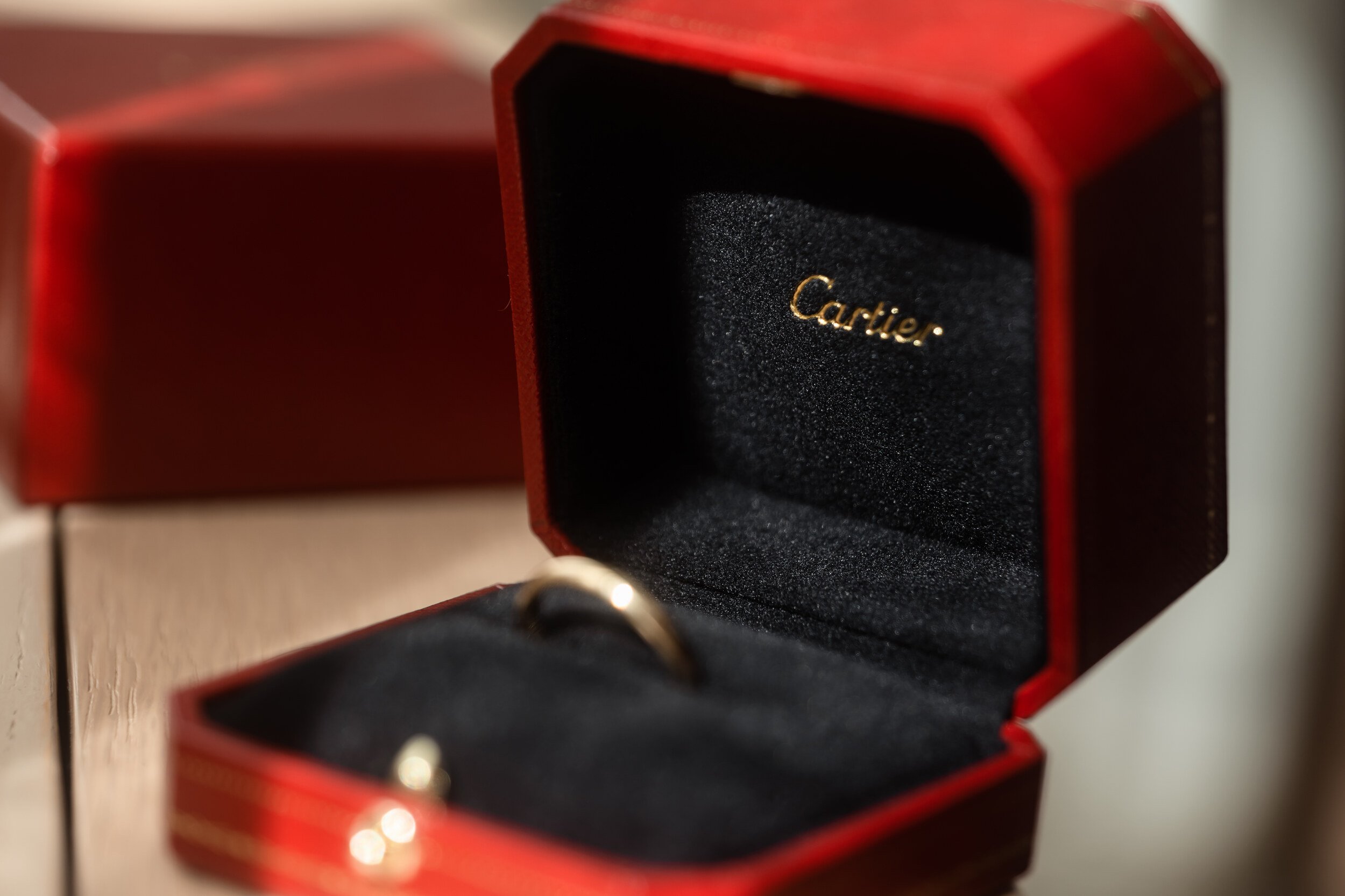 A wedding ring resting in an open ring box, Newport, Rhode Island.