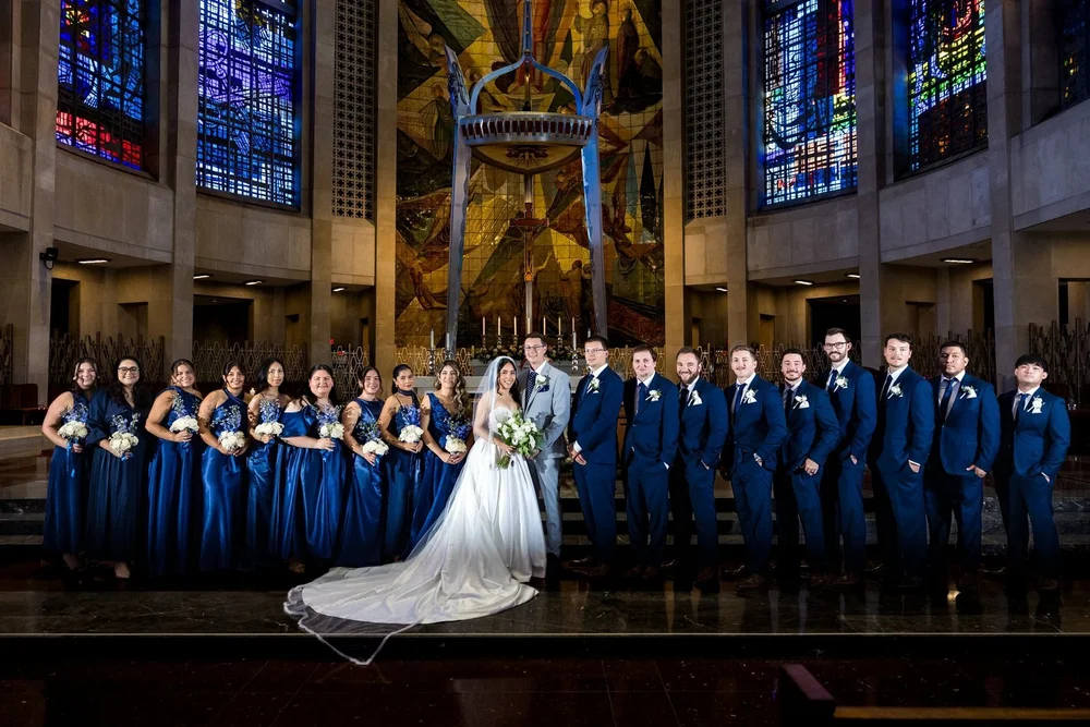The Society Room of Hartford wedding photographer, Hartford, CT â€” full bridal party beneath stained-glass windows before the reception
