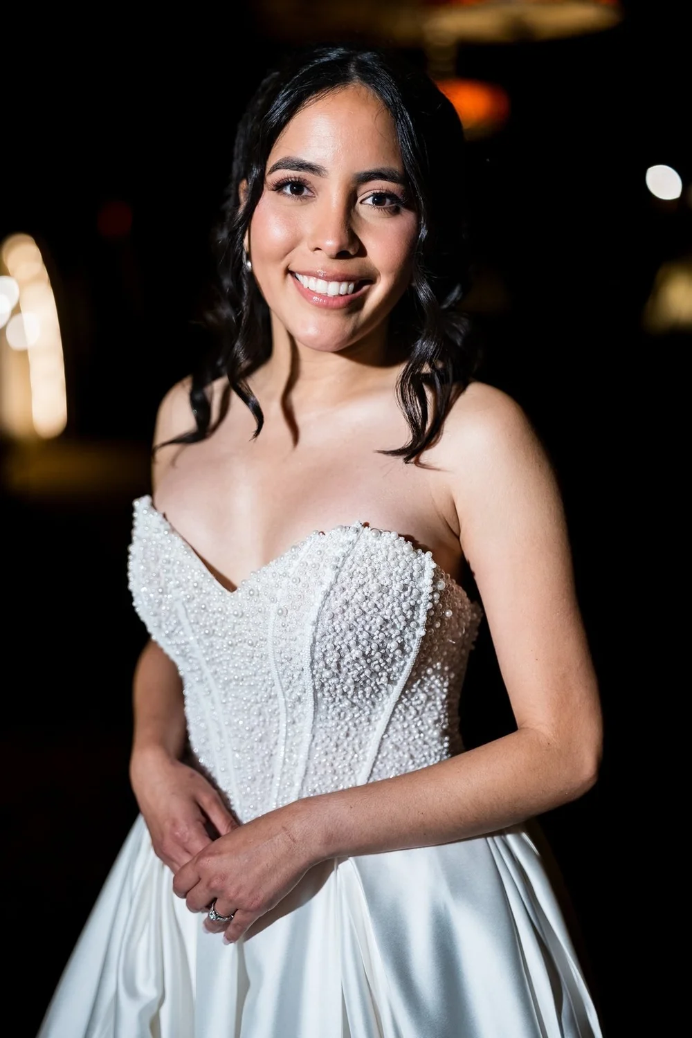 The Society Room of Hartford wedding photographer, Hartford, CT â€” evening bridal portrait in a beaded sweetheart gown