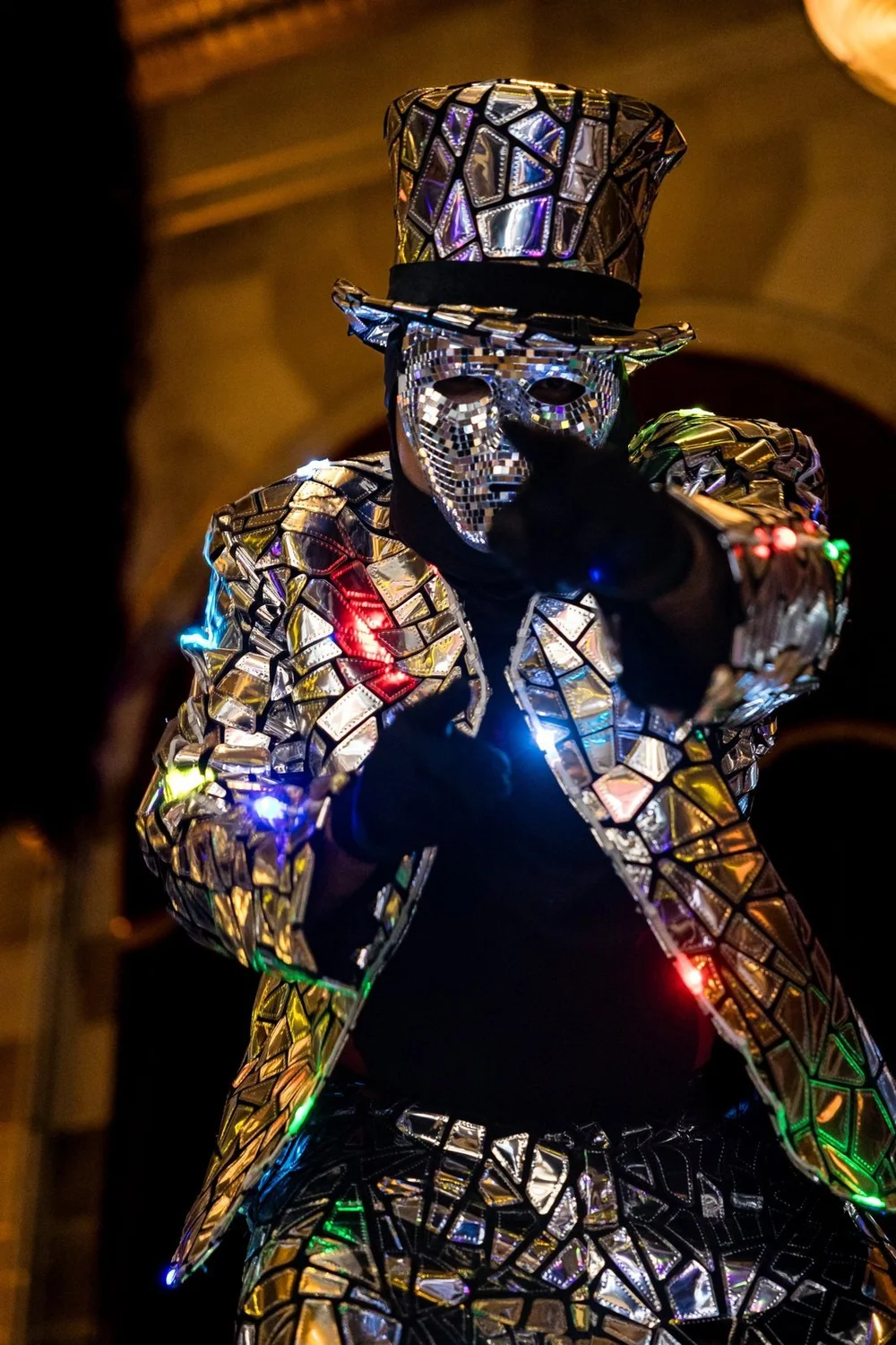 The Society Room of Hartford wedding videographer, Hartford, CT â€” LED robot entertainer lighting up the reception dance floor