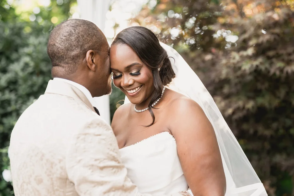 Avenir wedding photographer, Walpole, MA — bride and groom touching foreheads in the landscaped gardens