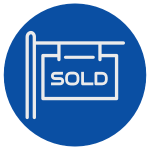 A blue circular sign with a white outline of a house and a hanging sign that says 'SOLD'.