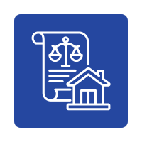 Legal document or contract with a scale balance and a house icon on a blue background.