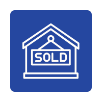 Blue sign with a white house outline and a 'SOLD' sign inside.