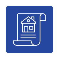 Blueprint of a house on a rolled-out plan with a flag on the right side.