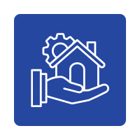 A white line drawing of a house with a gear on top, held in a hand, on a blue background.