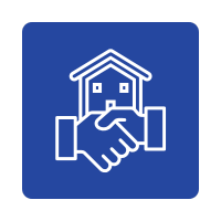 Icon of a house with a handshake in front of it, representing real estate or home agreement.