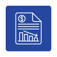 Document icon with dollar sign and declining bar graph on blue background.