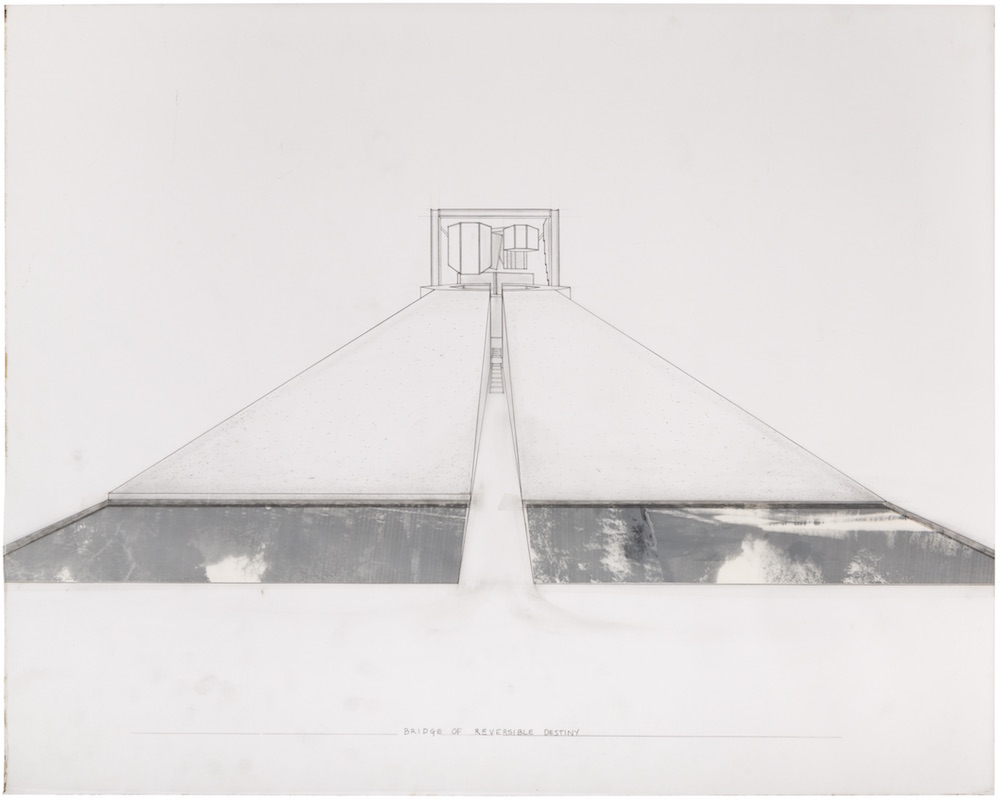 Arakawa and Madeline Gins, Perspectival view showing entrance to ‘Bridge of Reversible Destiny,’ 1989. Graphite and collage on vellum, 24 x 30 in. © 2018 Estate of Madeline Gins. Reproduced with permission of the Estate of Madeline Gins. Photo: Nicholas Knight. Courtesy of Columbia GSAPP. 