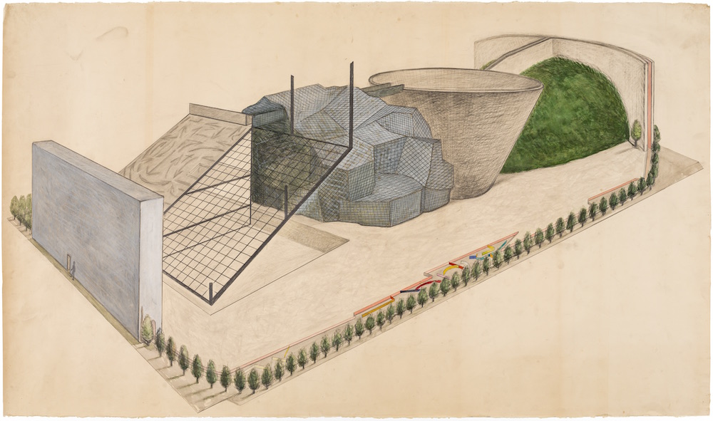 Arakawa and Madeline Gins, Drawing for ‘Container of Perceiving,’ 1984. Acrylic, watercolor, and graphite on paper, 42 1/2 x 72 3/4 in. © 2018 Estate of Madeline Gins. Reproduced with permission of the Estate of Madeline Gins. Photo: Nicholas Knight. Courtesy of Columbia GSAPP. 