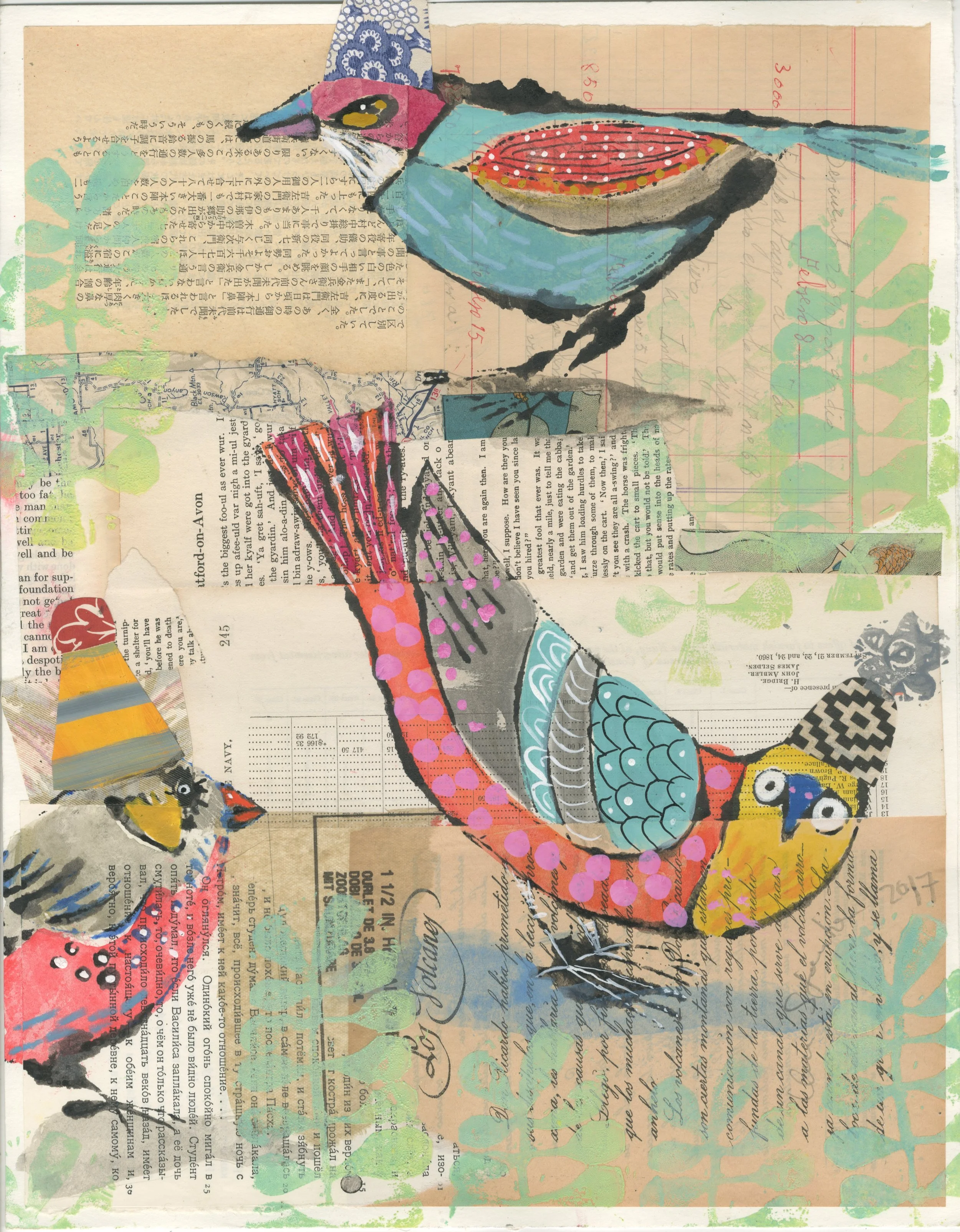 THree party birds among Flowers.jpeg