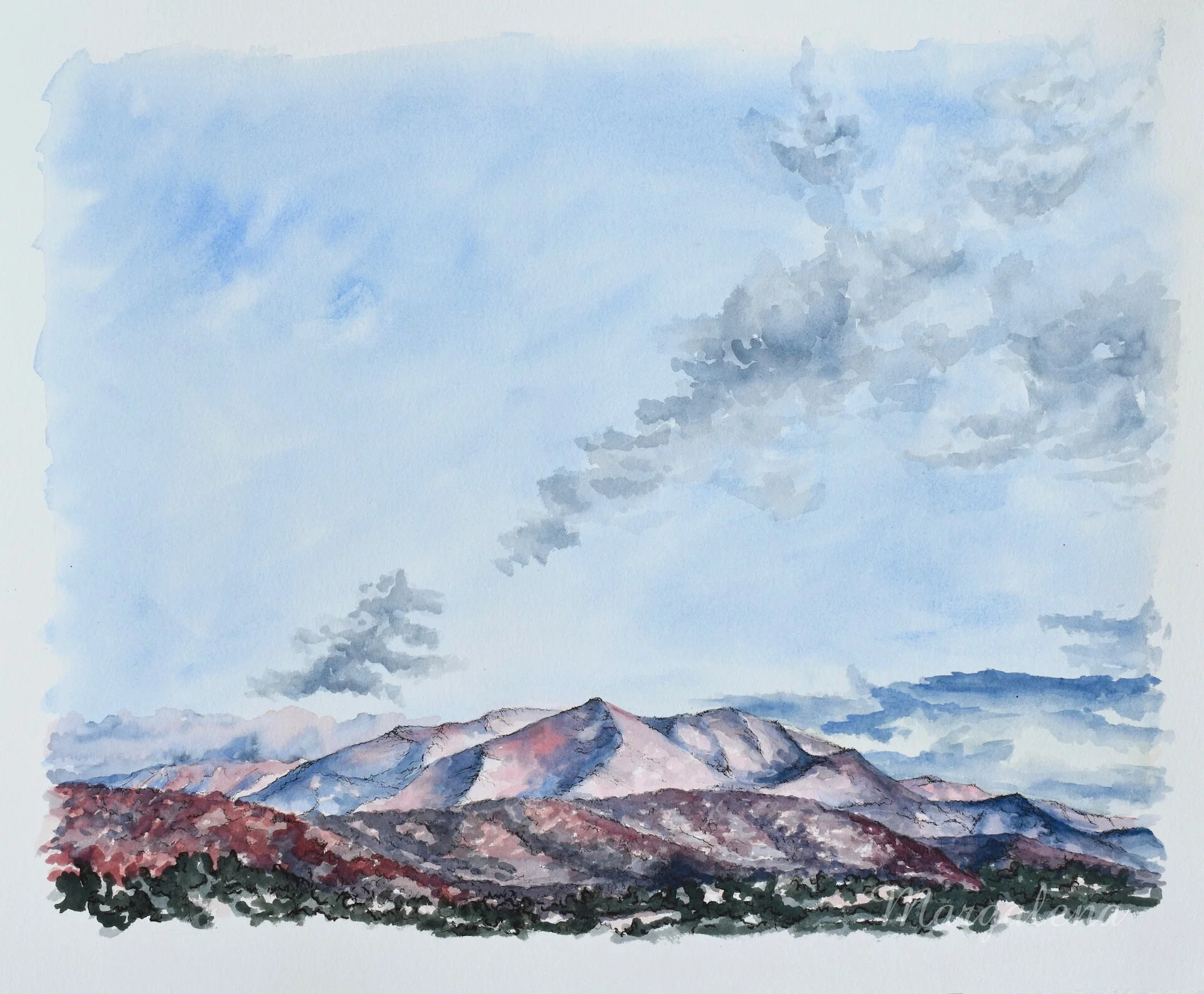 Watercolor painting of a mountain landscape with a blue sky and scattered clouds.