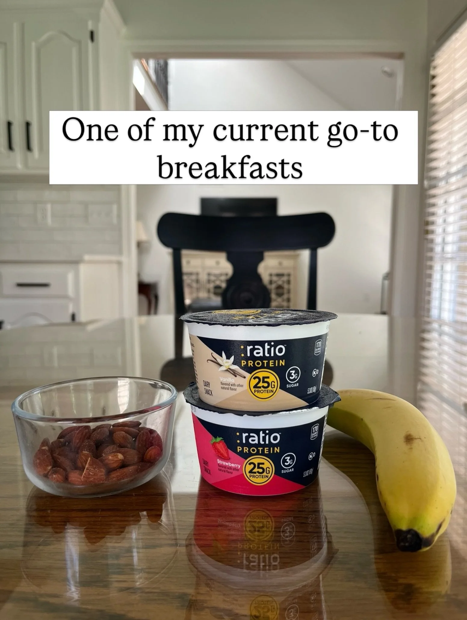 One of my current go-to breakfasts:

&bull; 2 :ratio yogurts
&bull; 1 serving of fruit 
&bull; 42 grams of nuts
&bull; Sometimes I add extra carbs if it&rsquo;s my last meal before lifting 

Totals = 1 serving of fruit, ~59 grams of protein, ~695 cal